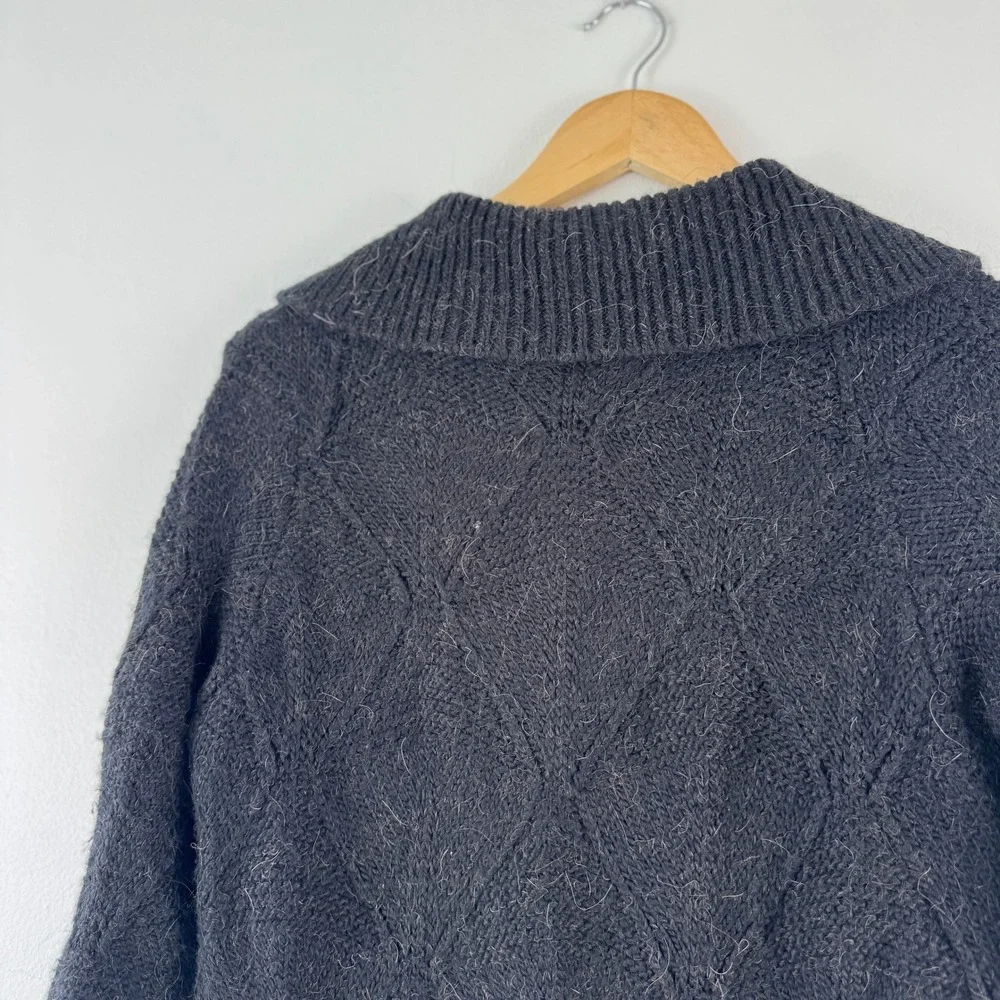 Black Alpaca Blend‎ Diamond Knit Full Zip Long Cardigan Sweater Soft S